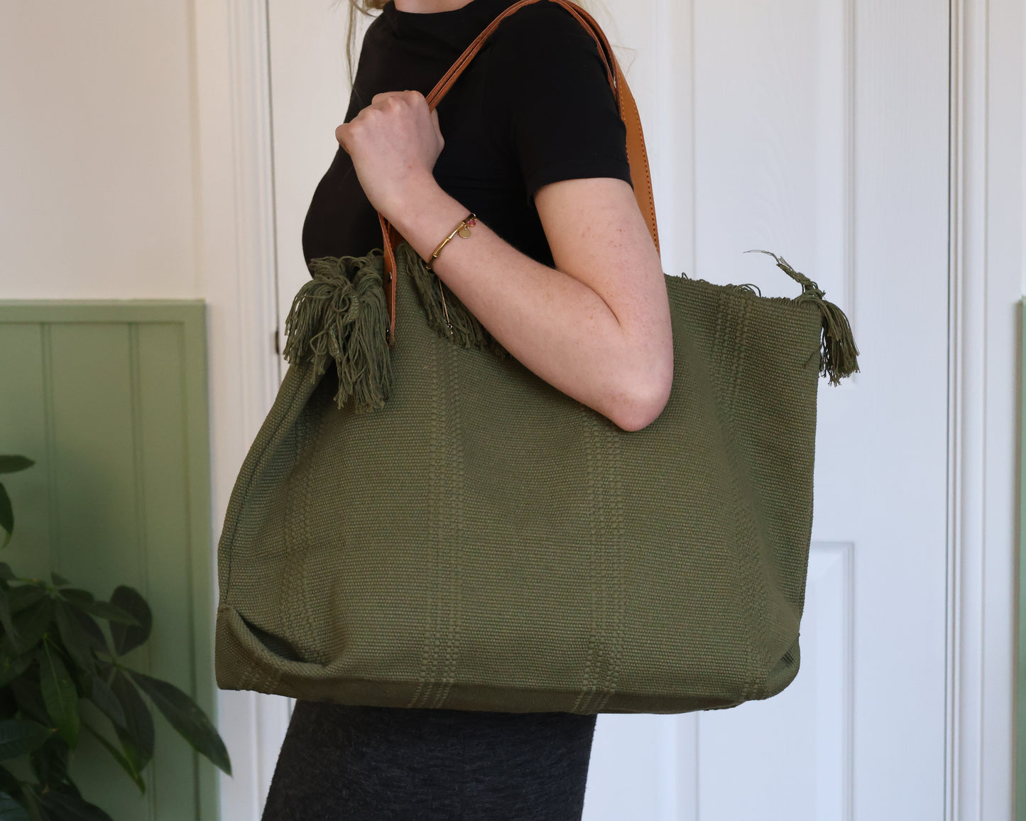Fringed Cotton Khaki Tote with Leather Handles