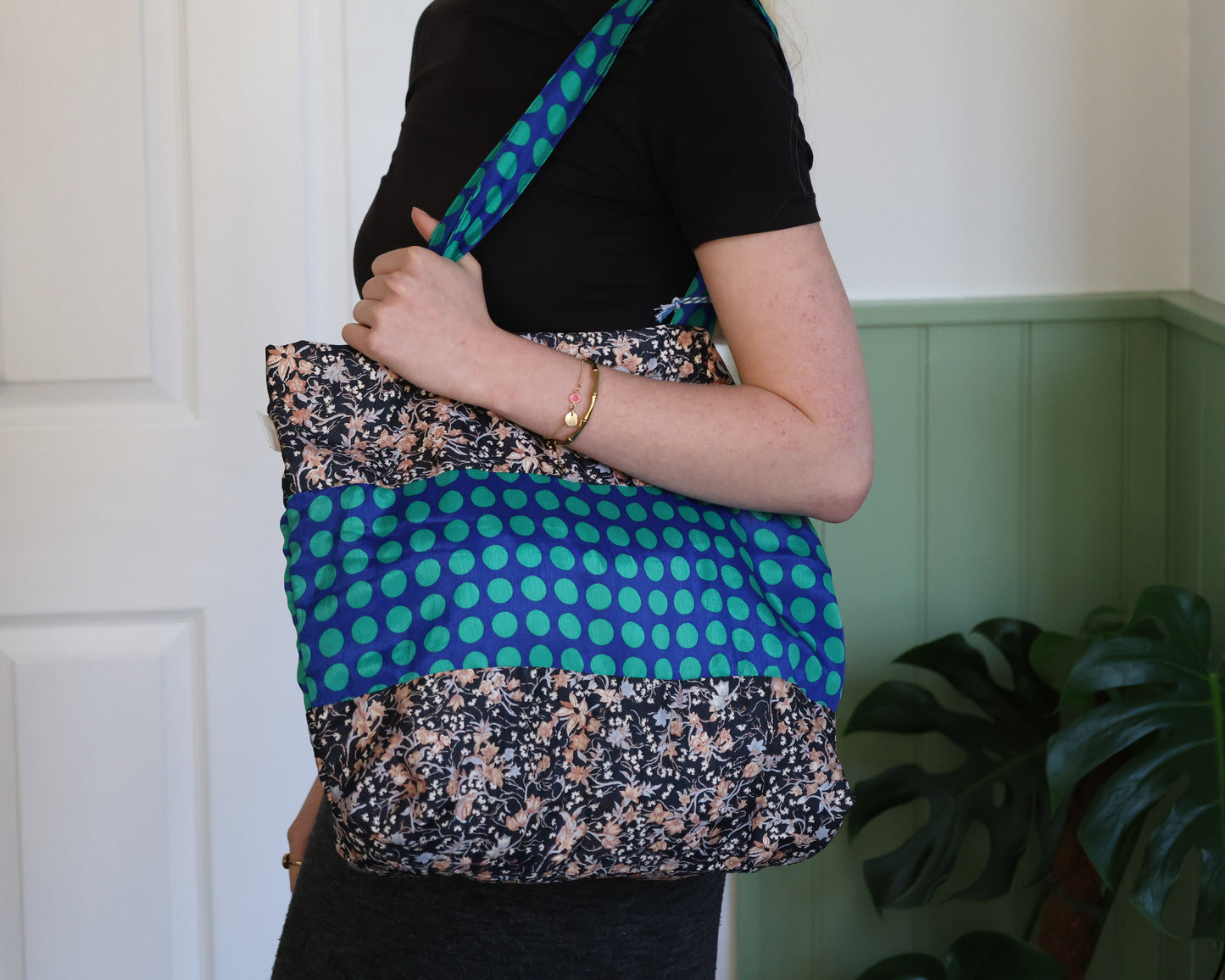 Green Spots & Flowers Sari Silk Bag