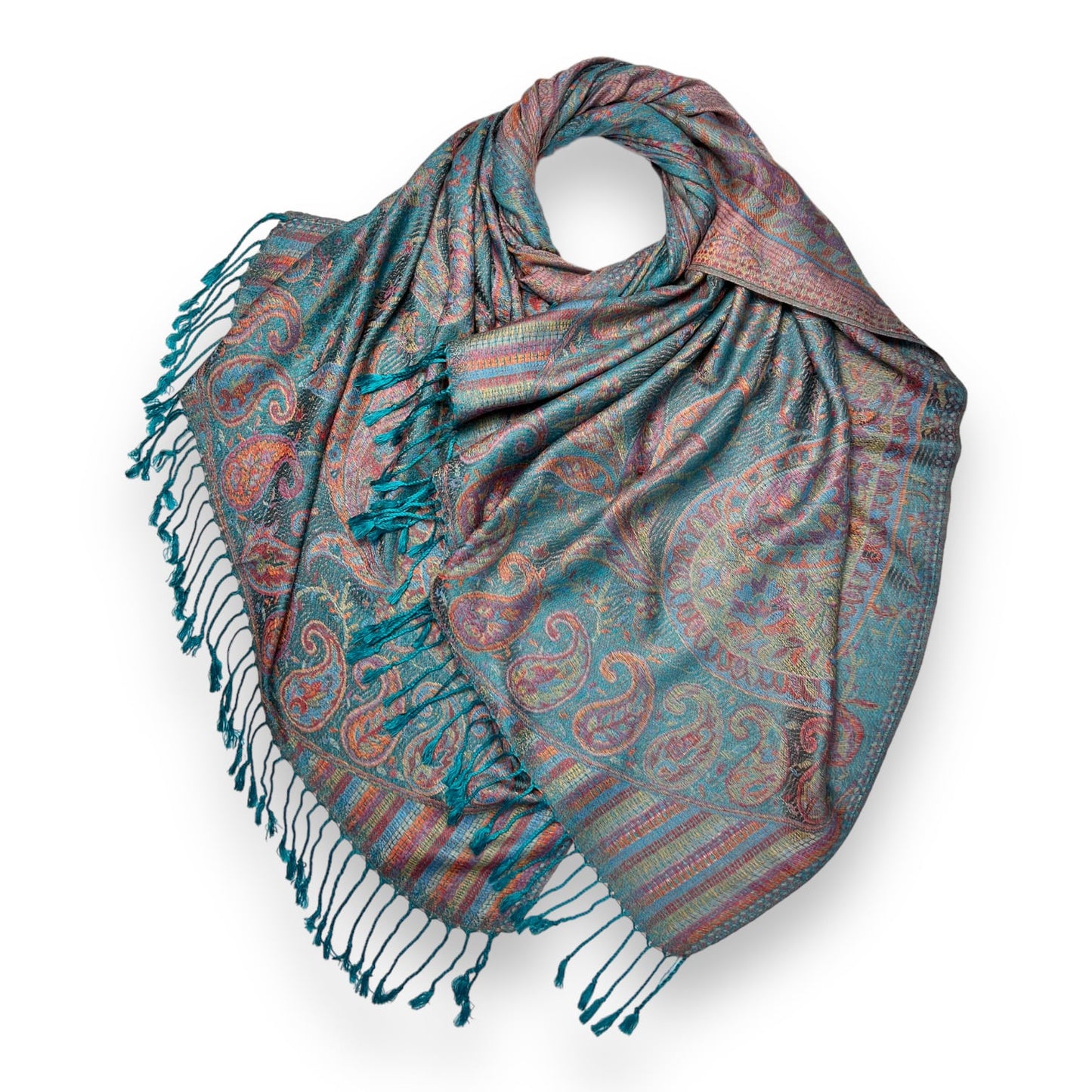 Jacquard Teal Tassel Pashmina