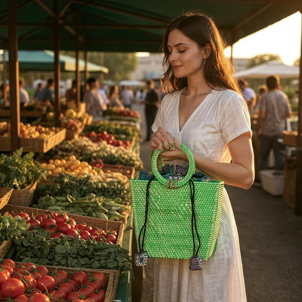 Rattan Lined Day Bag - Apple Green