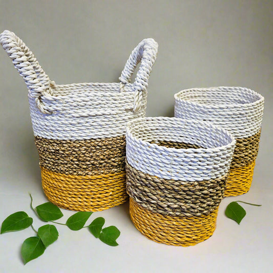 Orange, White & Natural Set Of 3 Seagrass Baskets