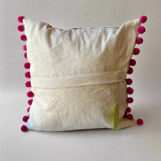 Paradise Blue Velvet Cushion With Raspberry Pompoms