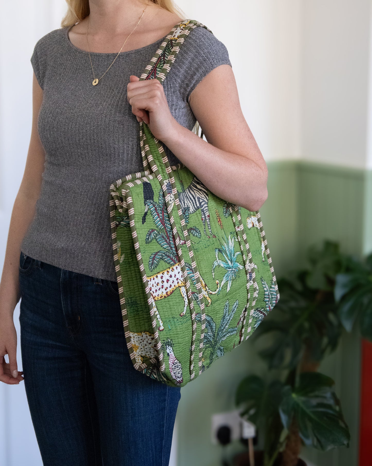 Green Zebra Zipped Indian Kantha Tote – Handmade, Sustainable And Unique