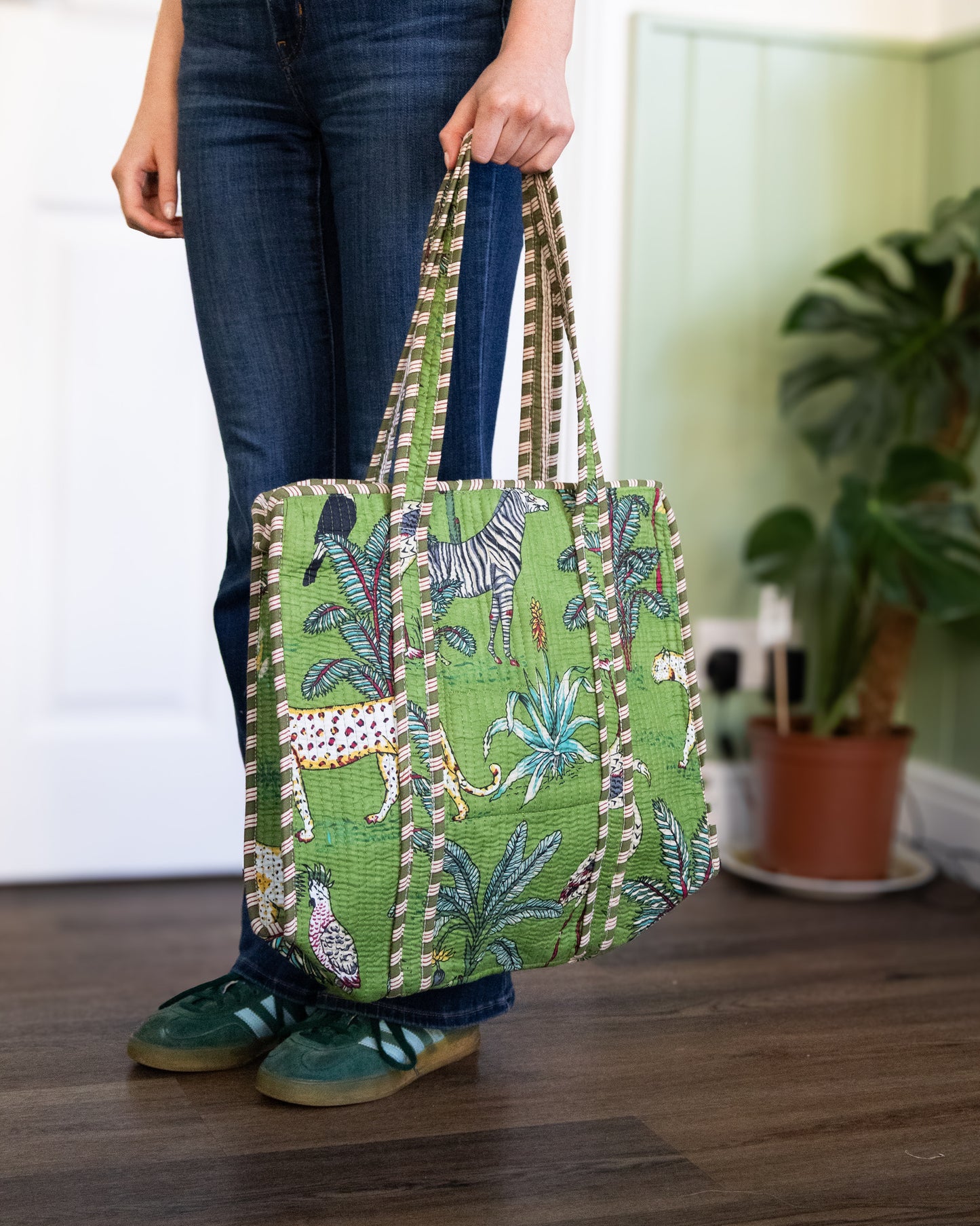 Green Zebra Zipped Indian Kantha Tote – Handmade, Sustainable And Unique