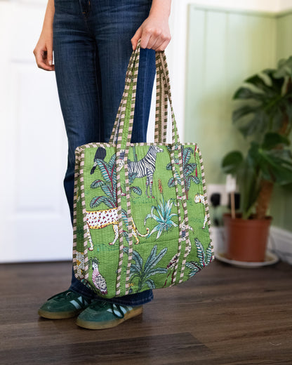 Green Zebra Zipped Indian Kantha Tote – Handmade, Sustainable And Unique