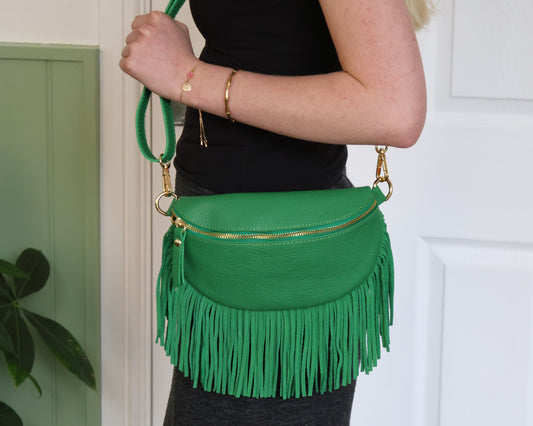 Green Leather Half Moon Fringed Bag