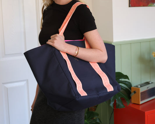 Navy & Neon Orange Tote Bag