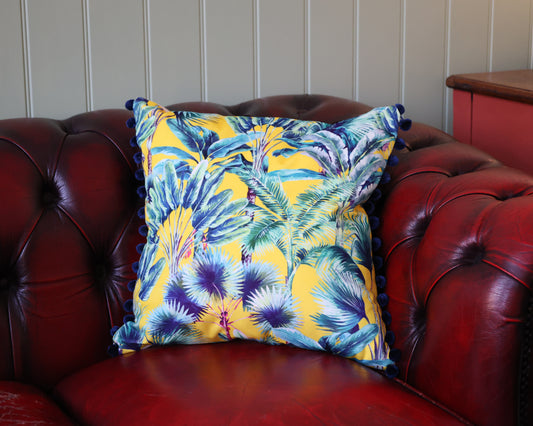 Palm Springs Velvet Cushion With Navy Pompoms