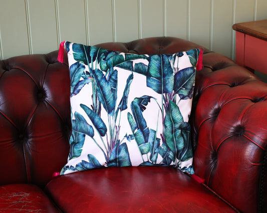 Rainforest Velvet Cushion With Raspberry Tassels