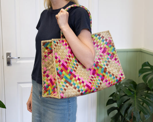 Handwoven Multi-Coloured Large Pandan Tote – Sustainable & Ethical Bali Bag