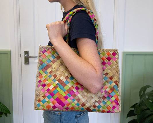 Handwoven Multi-Coloured Small Pandan Tote – Sustainable & Ethical Bali Bag