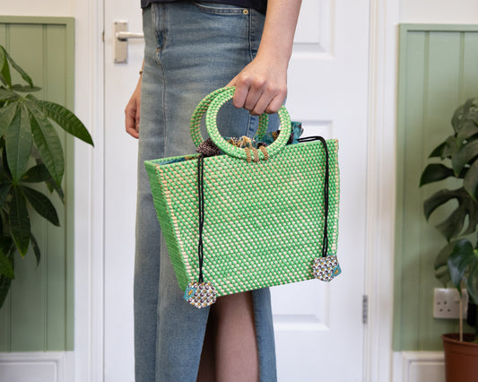 Rattan Lined Day Bag - Apple Green
