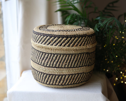 Black & Natural Large African Lidded Basket