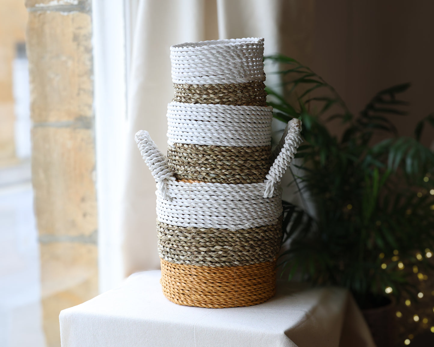 Orange, White & Natural Set Of 3 Seagrass Baskets