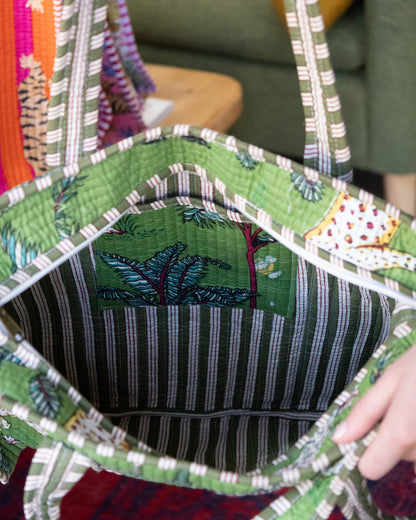 Green Zebra Zipped Indian Kantha Tote – Handmade, Sustainable And Unique