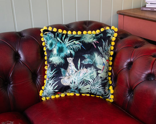 Deepest Jungle Velvet Cushion With Acid Yellow Pompoms