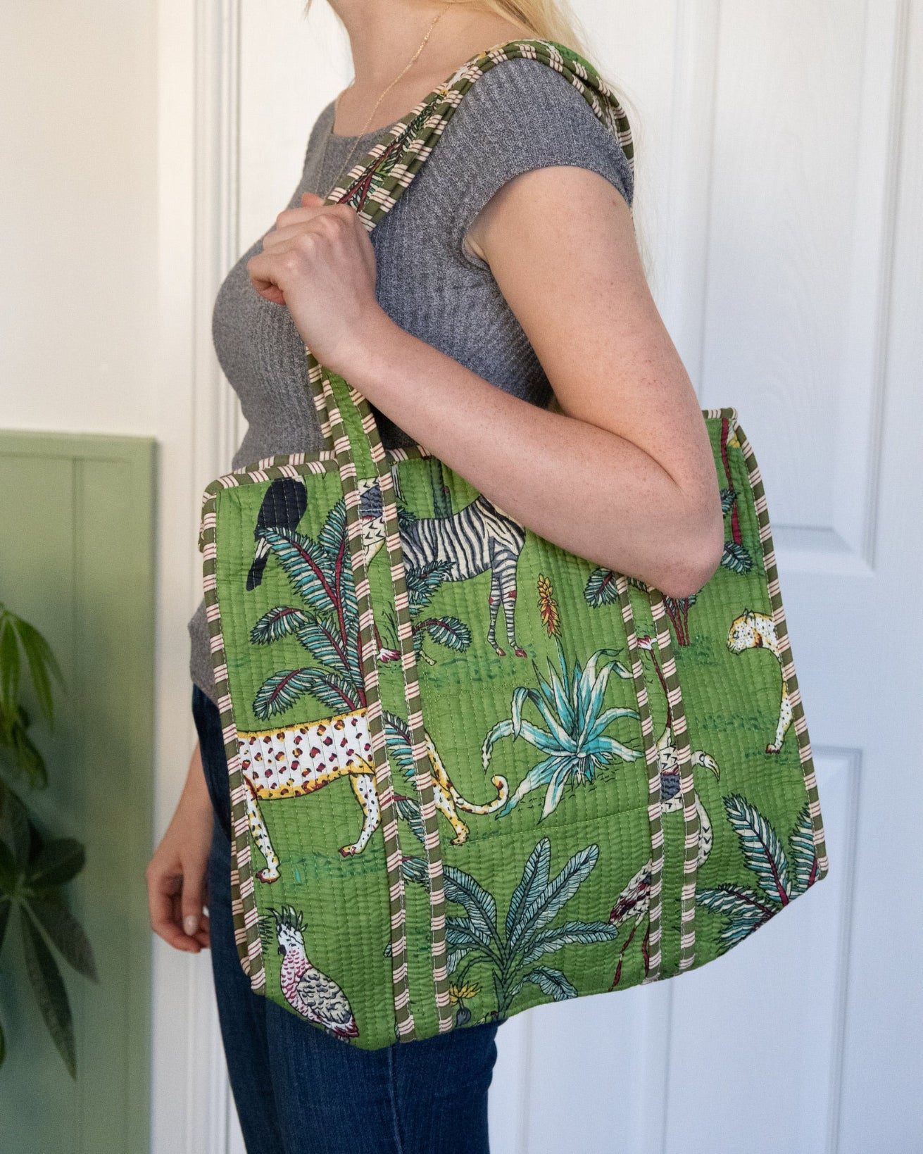 Green Zebra Zipped Indian Kantha Tote – Handmade, Sustainable And Unique
