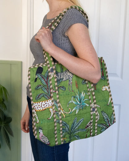 Green Zebra Zipped Indian Kantha Tote – Handmade, Sustainable And Unique