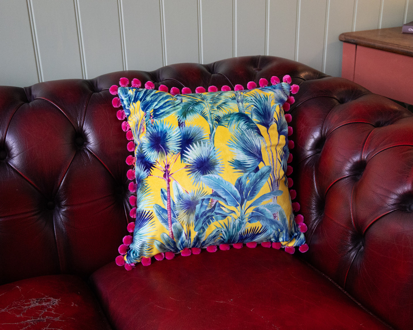 Palm Springs Velvet Cushion With Strawberry Pompoms