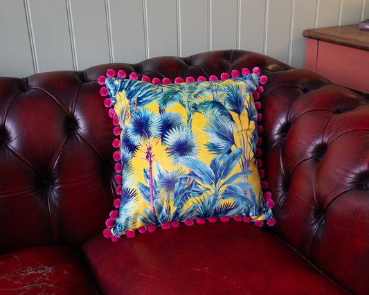 Palm Springs Velvet Cushion With Strawberry Pompoms