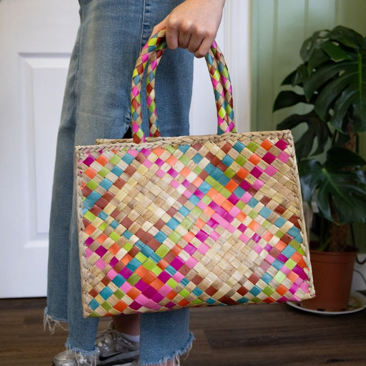 Handwoven Multi-Coloured Small Pandan Tote – Sustainable & Ethical Bali Bag
