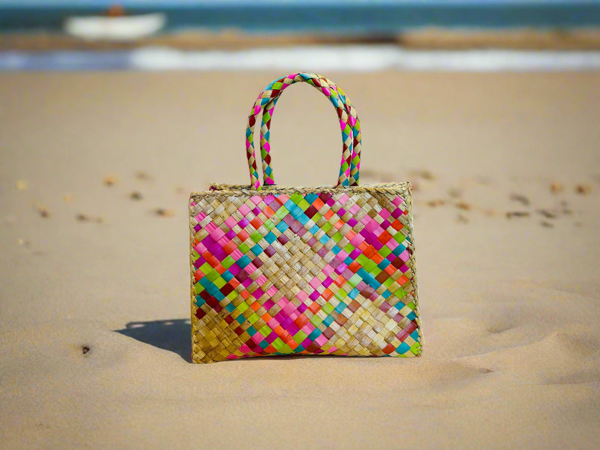 Handwoven Multi-Coloured Medium Pandan Tote – Sustainable & Ethical Bali Bag